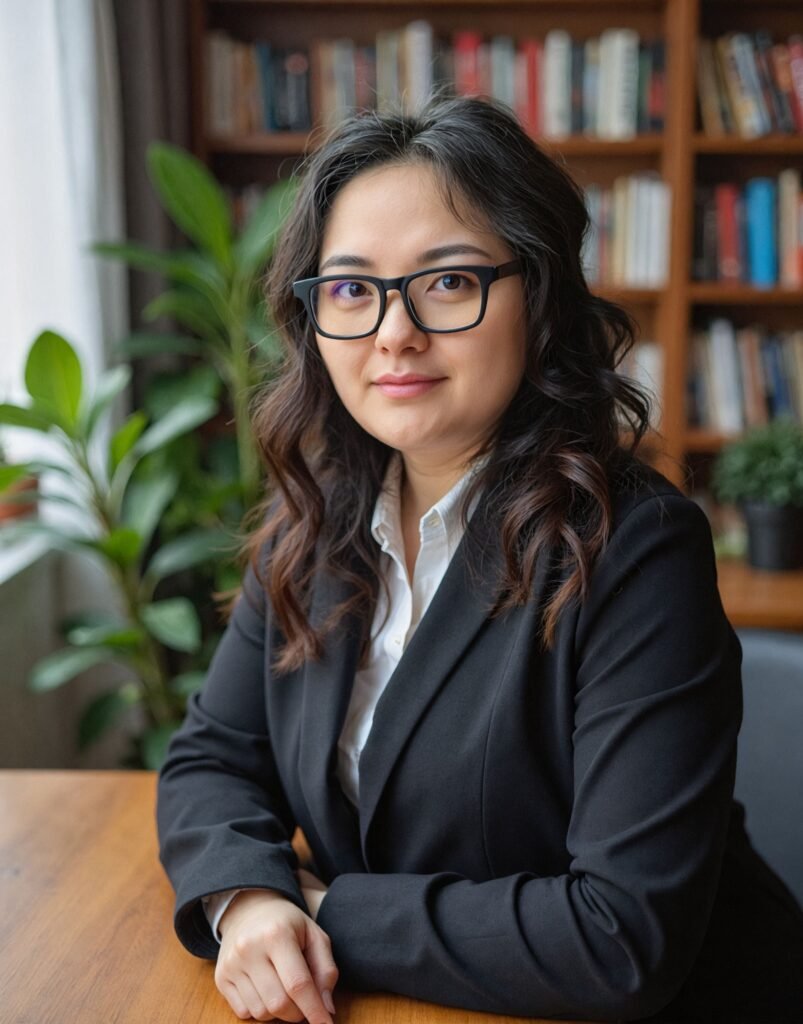 Head shot of Mi Ong with medium length black wavy hair, and thick rimmed glasses.